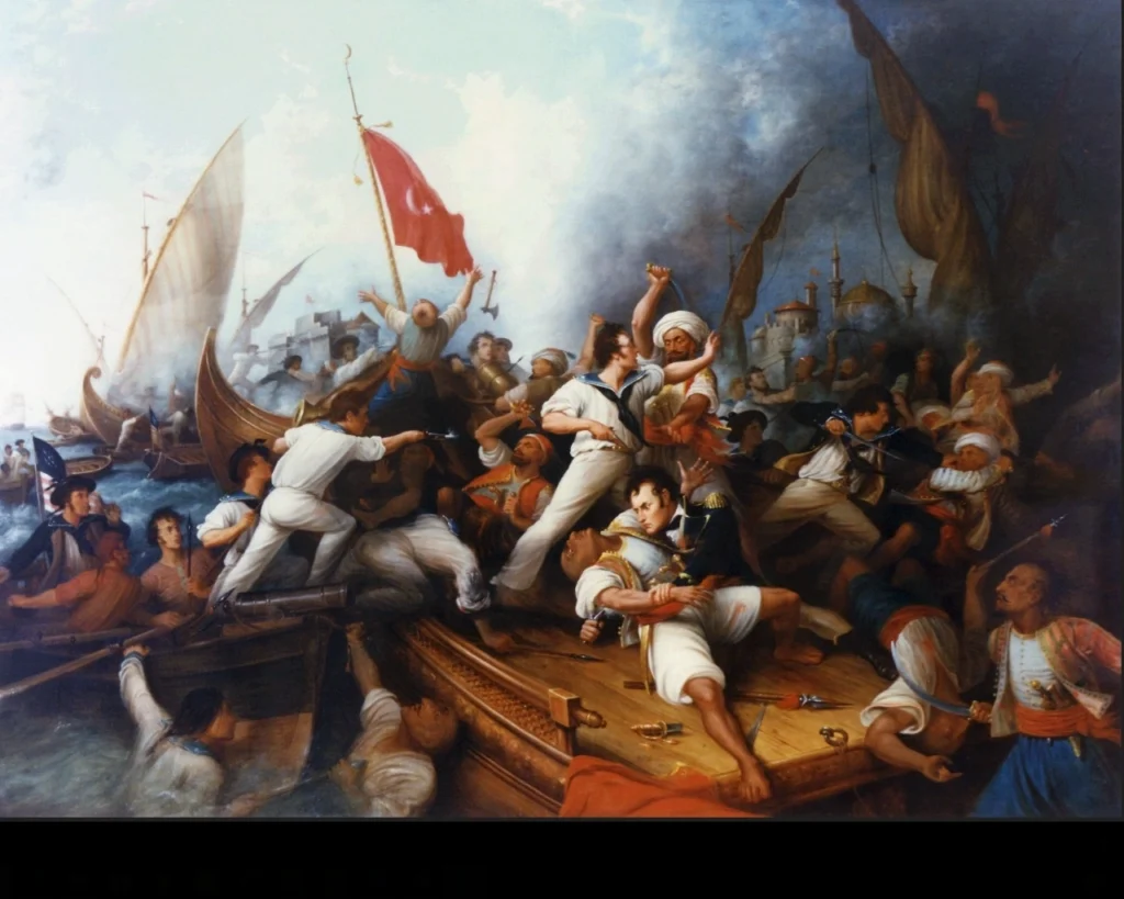 Painting of Stephen Decatur leading an assault on a Tripolitalian gunboat in the Barbary Wars.