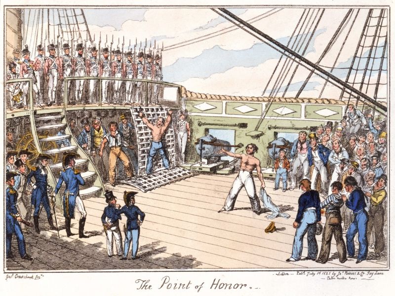 the point of honor caricature painting featuring a flogging on a sailing ship