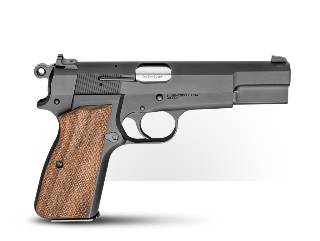 A high-quality studio shot of a black Browning Hi-Power pistol with wooden grips. The image is set against a solid black background.