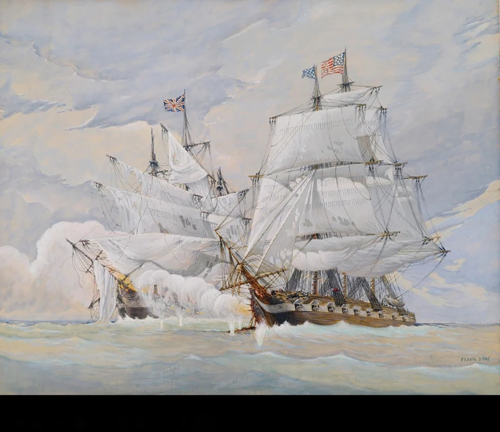 Painting of the Continental Navy ship Ranger defeating the British warship HMS Drake in 1778.