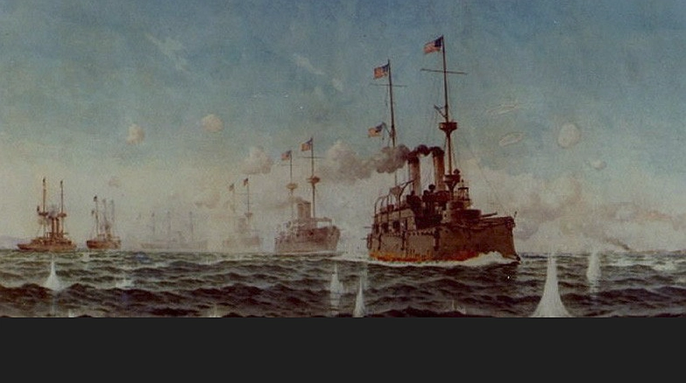 Painting of American warships at the Battle of Manila Bay