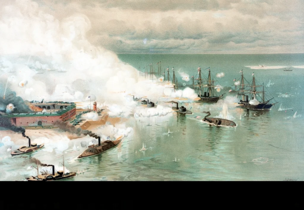 Painting of Admiral Farragut's fleet attacking Mobile Bay in 1864.