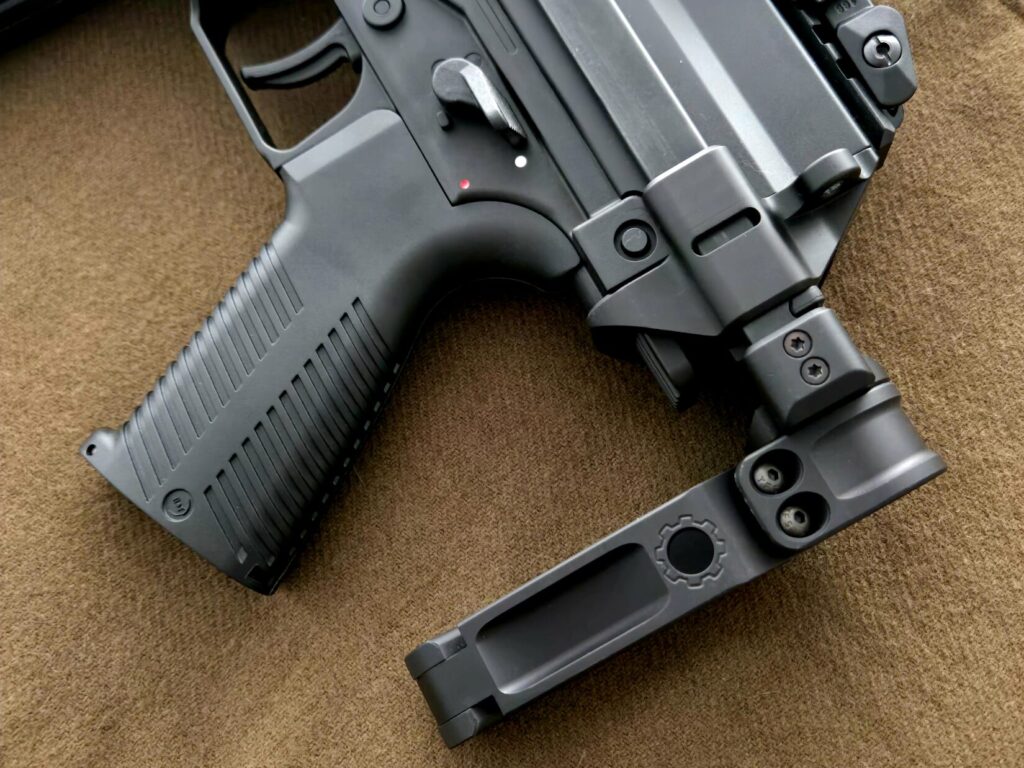 The rear of a B&T APC9 pistol with brace and telescoping arm