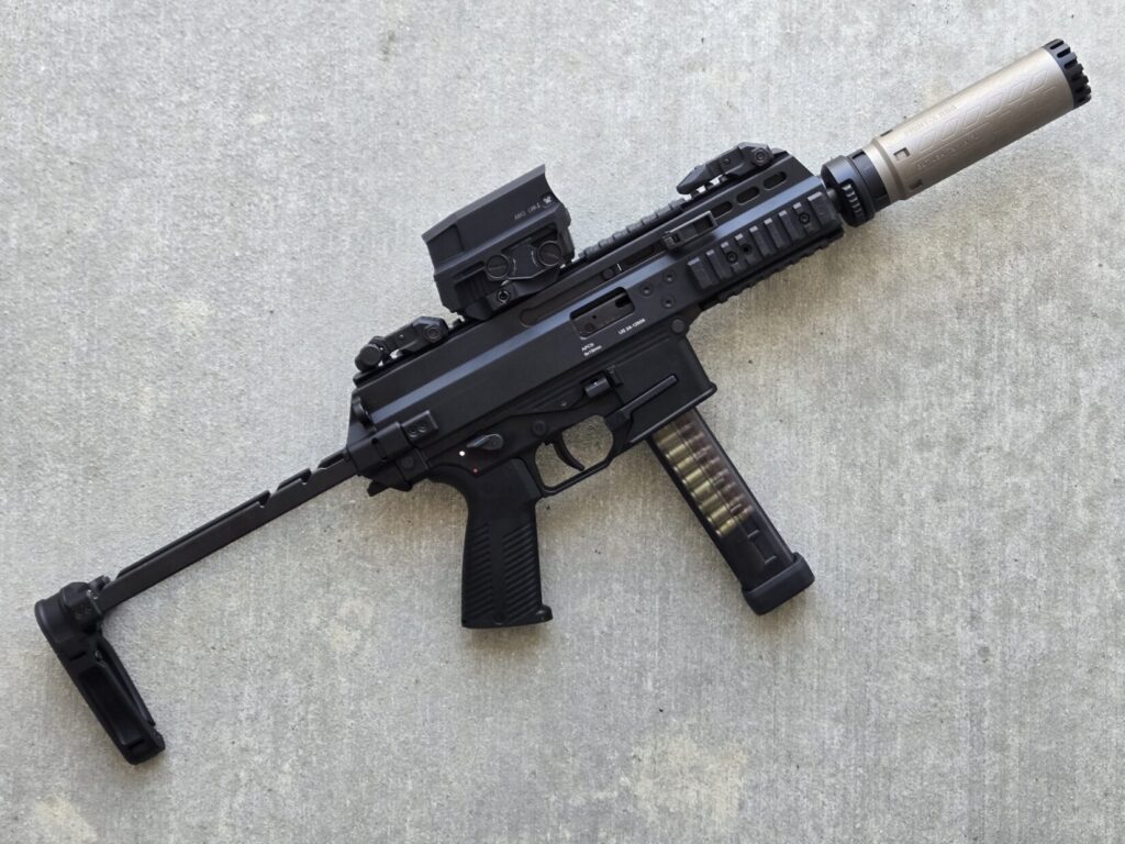 The APC9 Pro from B&T with optic, brace, and suppressor