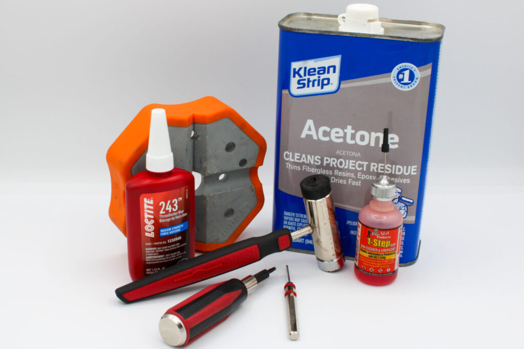 Tools used to complete the work. Includes punches, mallet, bench block, Acetone, gun oil and Blue Locktite.