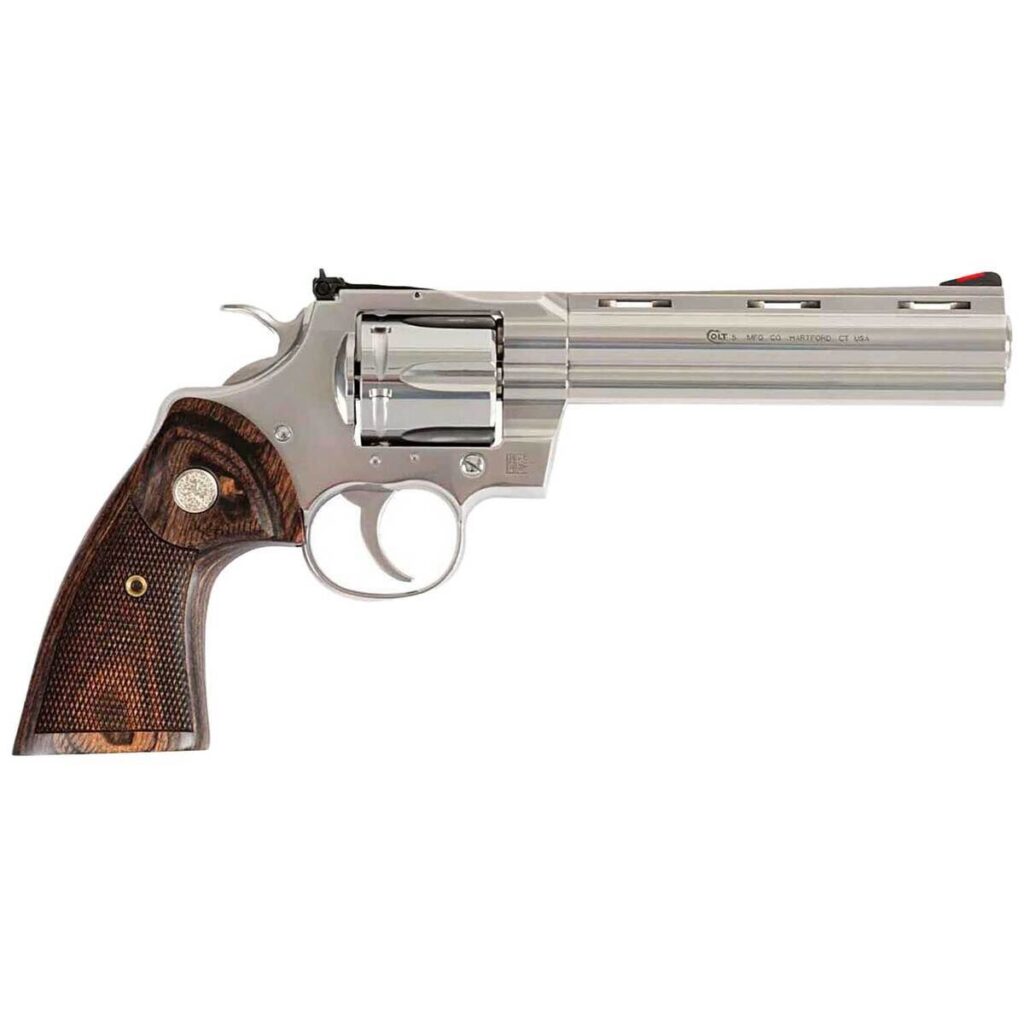 high-quality product image of a stainless steel Colt Python revolver with a wooden grip, displayed against a white background.