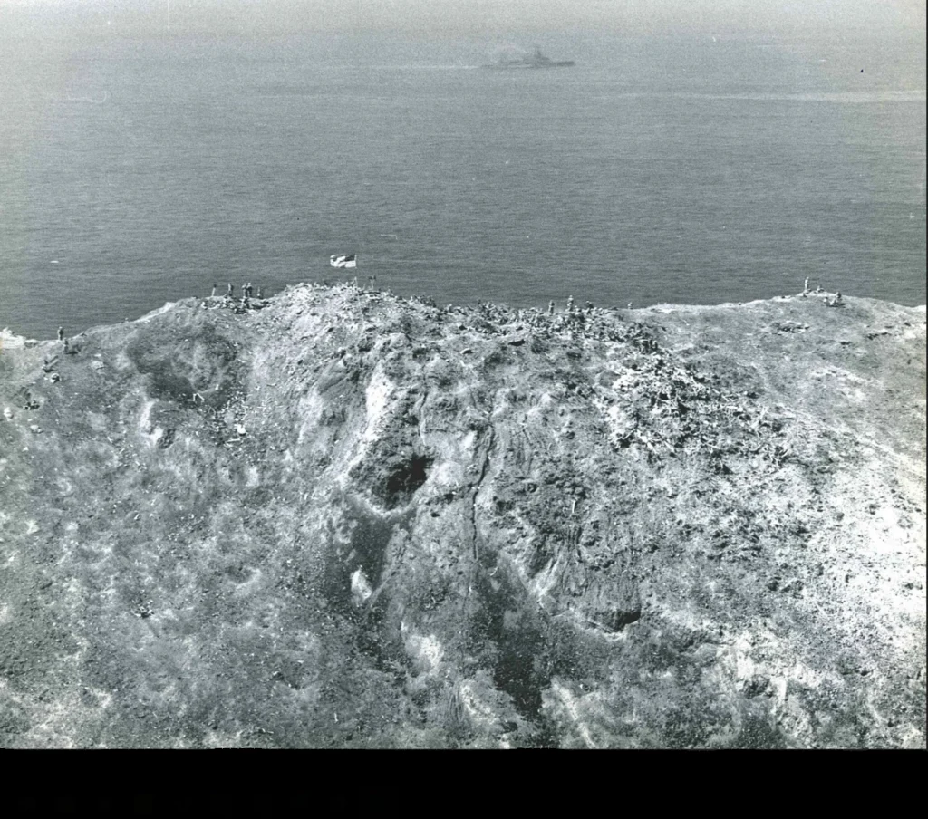 Aerial photo of the Marine Corps' first flag on Mount Suribachi
