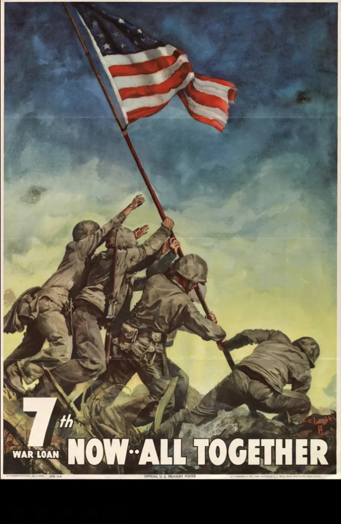 United Stated Treasury 7th War Loan poster featuring the second flag raising on Iwo Jima