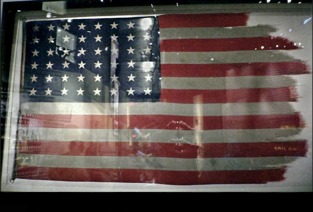 Display of the second Mount Suribachi flag at the National Museum of the Marine Corps
