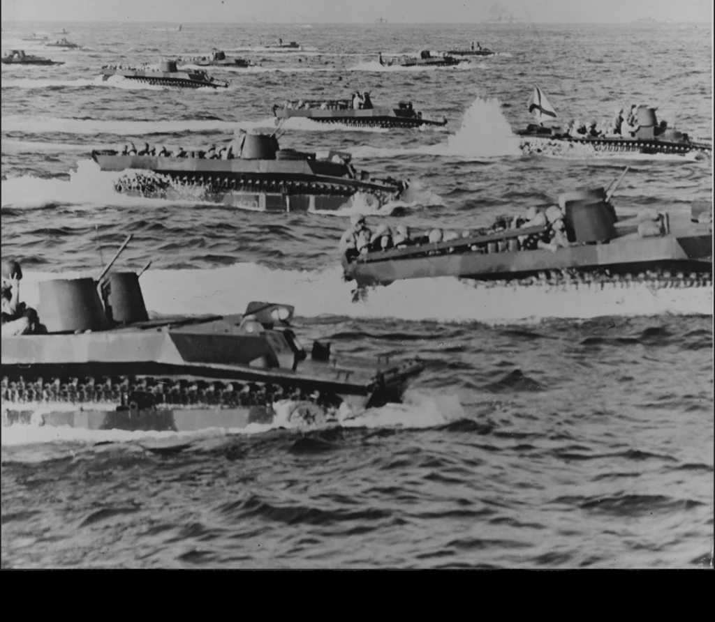 American landing craft carry Marines ashore on Iwo Jima