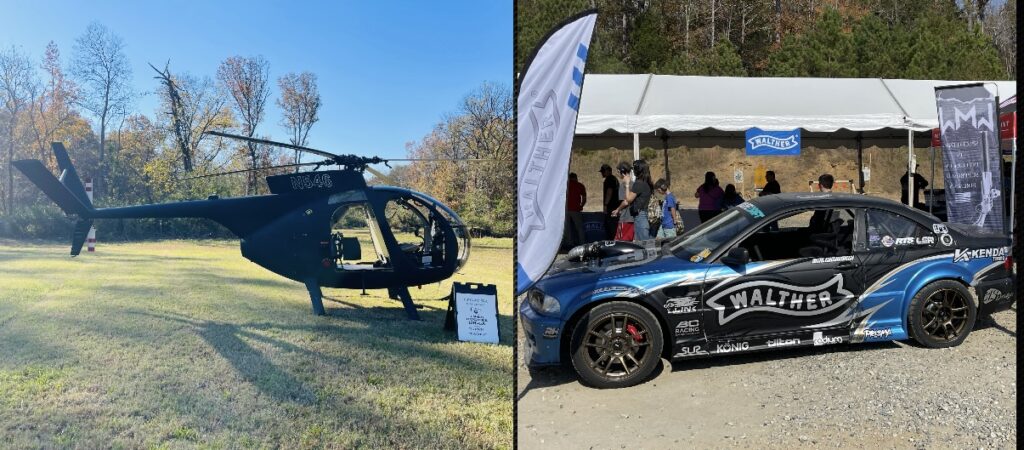 vietnam era OH-6 helicopter that flew during CANCON Carolina 2025 and the walther drift car in-front of their booth