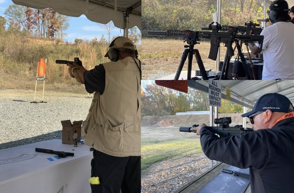 collage of three photos of men shooting suppressed firearms at cancon carolinas 2025