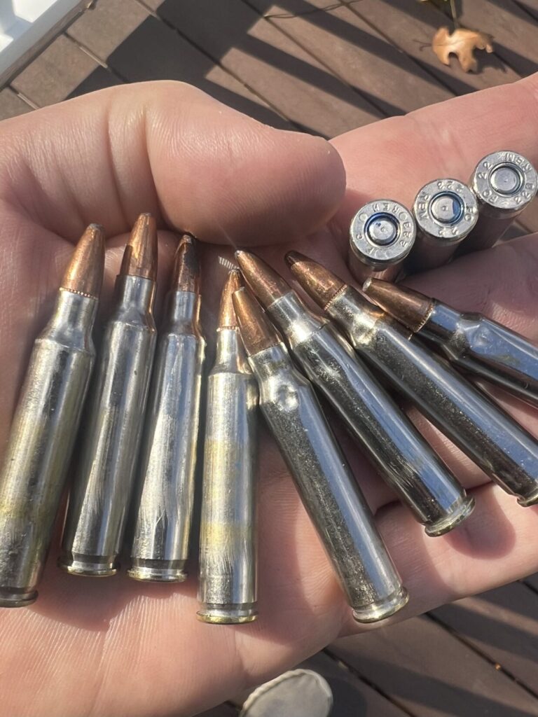 Dented and scratched duty ammunition removed from in-service magazines along with three rounds that had been chambered, dimpling the primers