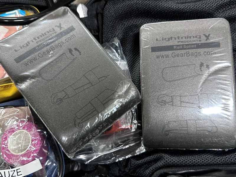 Grey splints in a package on a backpack. 