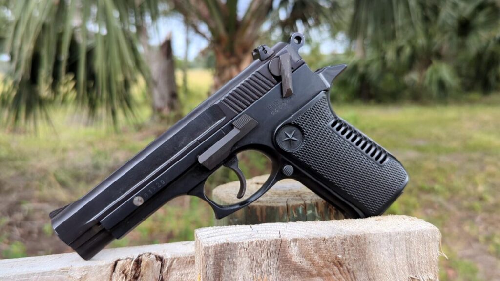Star 30M pistol resting on wood, side profile in an outdoor setting