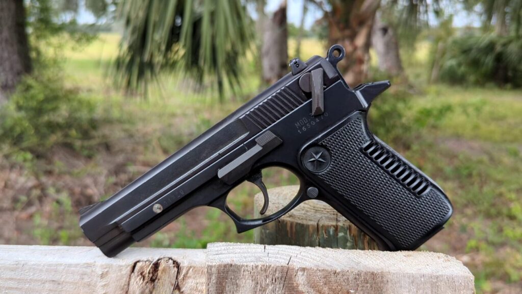 Star 30M pistol resting on wood, side profile in an outdoor setting