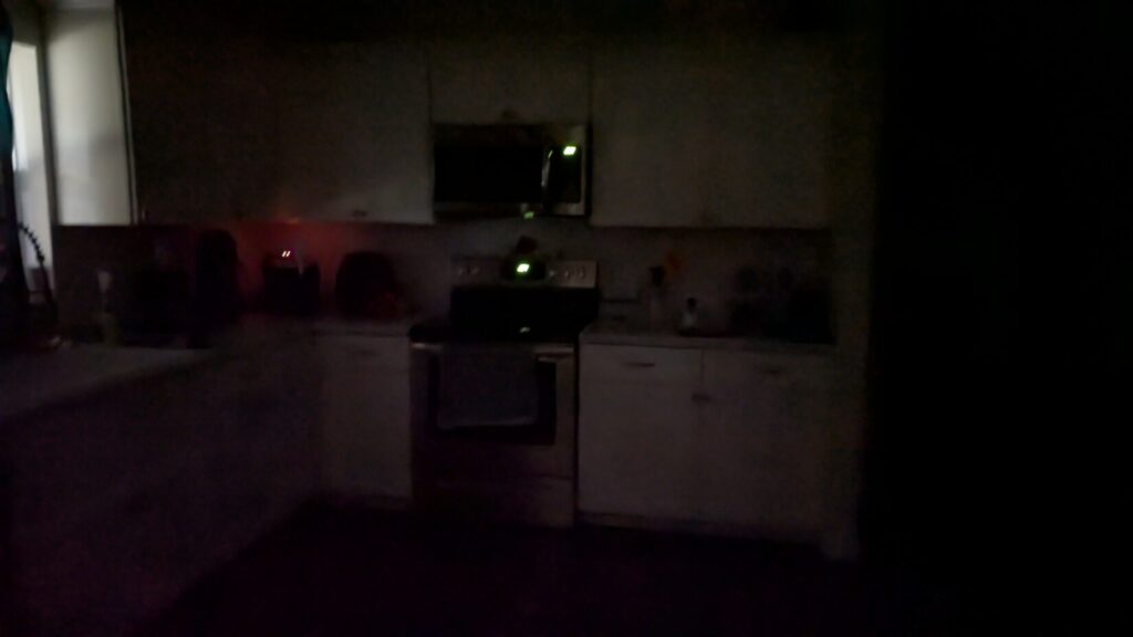 Dark photo of a kitchen with faint light from appliances.