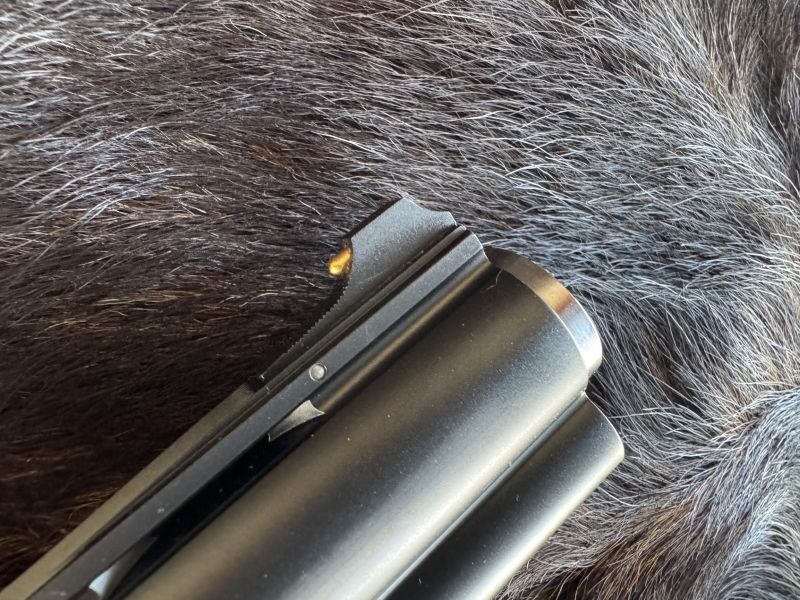 The 14k gold front sight provides a good sight picture, and it preferred by the author.