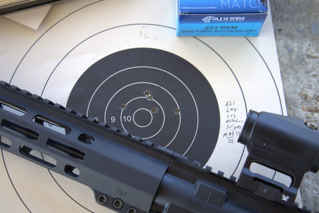 accuracy test with a paper target and the vortex crossfire mounted to a smith & wesson sport 3