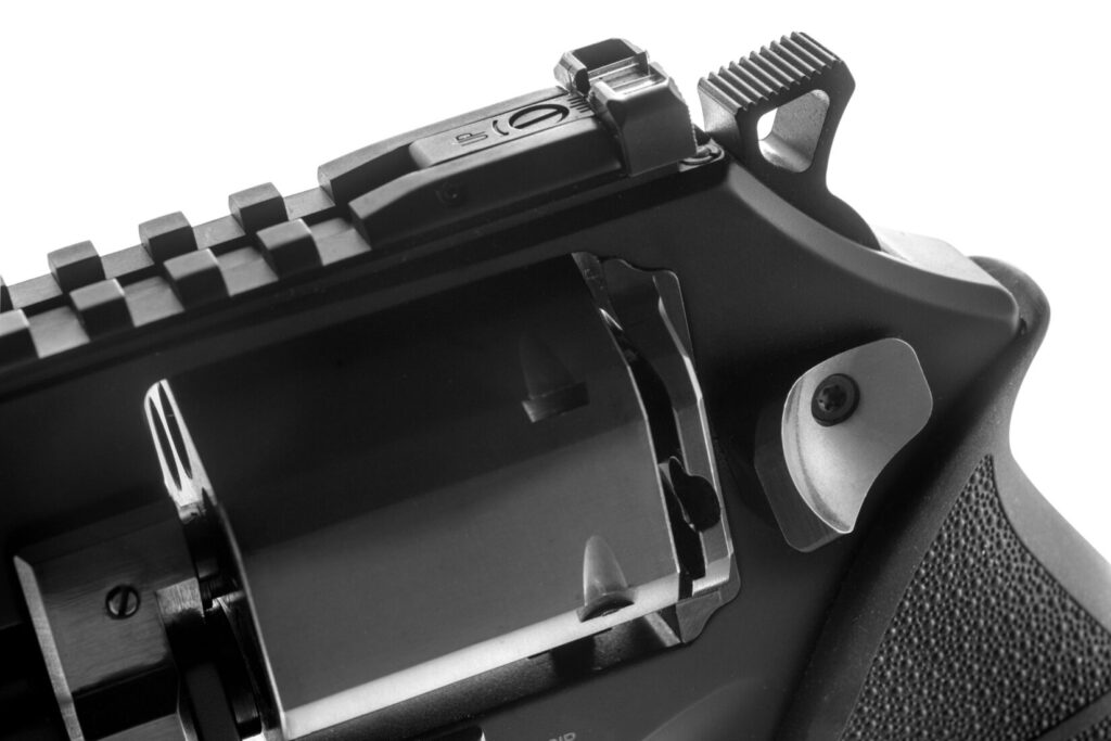 Close up of the Chiappa Rhino 60DS L-Frame top rail, rear sight, and hammer.