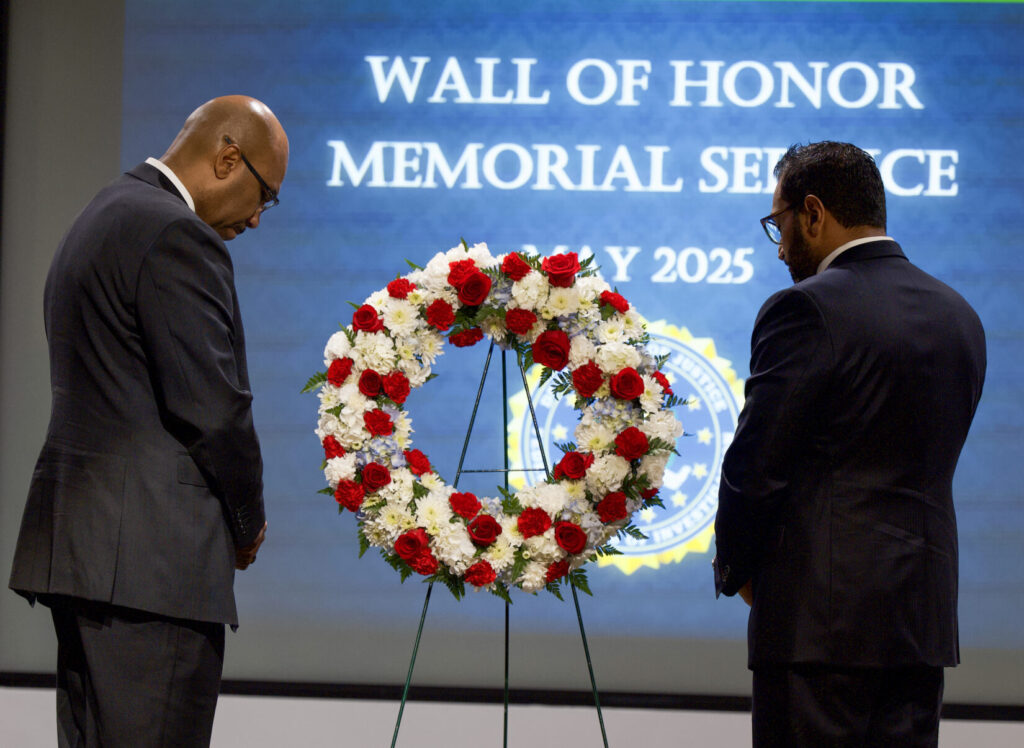 Director Kash PATEL (right) and Assistant Director Robert Contee pause for a moment after laying a wreath in honor of fallen FBI personnel on May 13, 2025, at FBI Headquarters in Washington, D.C. (IMAGE: FBI)