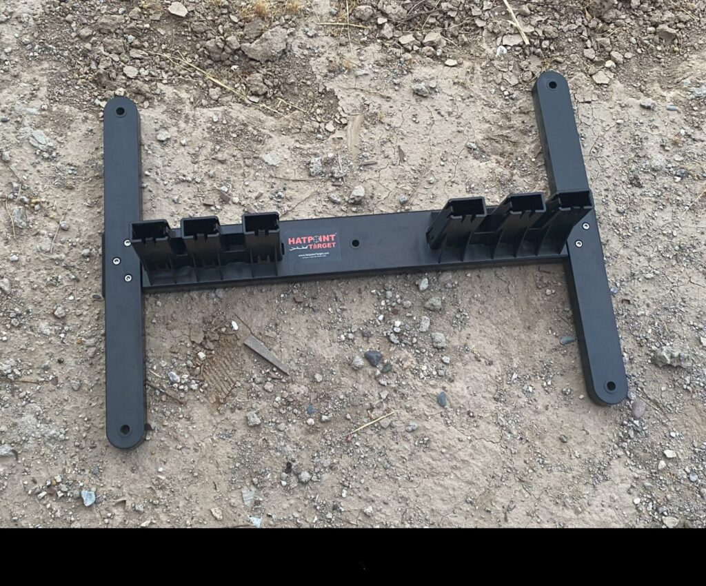 The HatPoint Target Stand features an H-shaped base, an industry standard known for its stability and balance, with a footprint of 20″ x 28″, providing a sturdy foundation for the stand on flat ground.