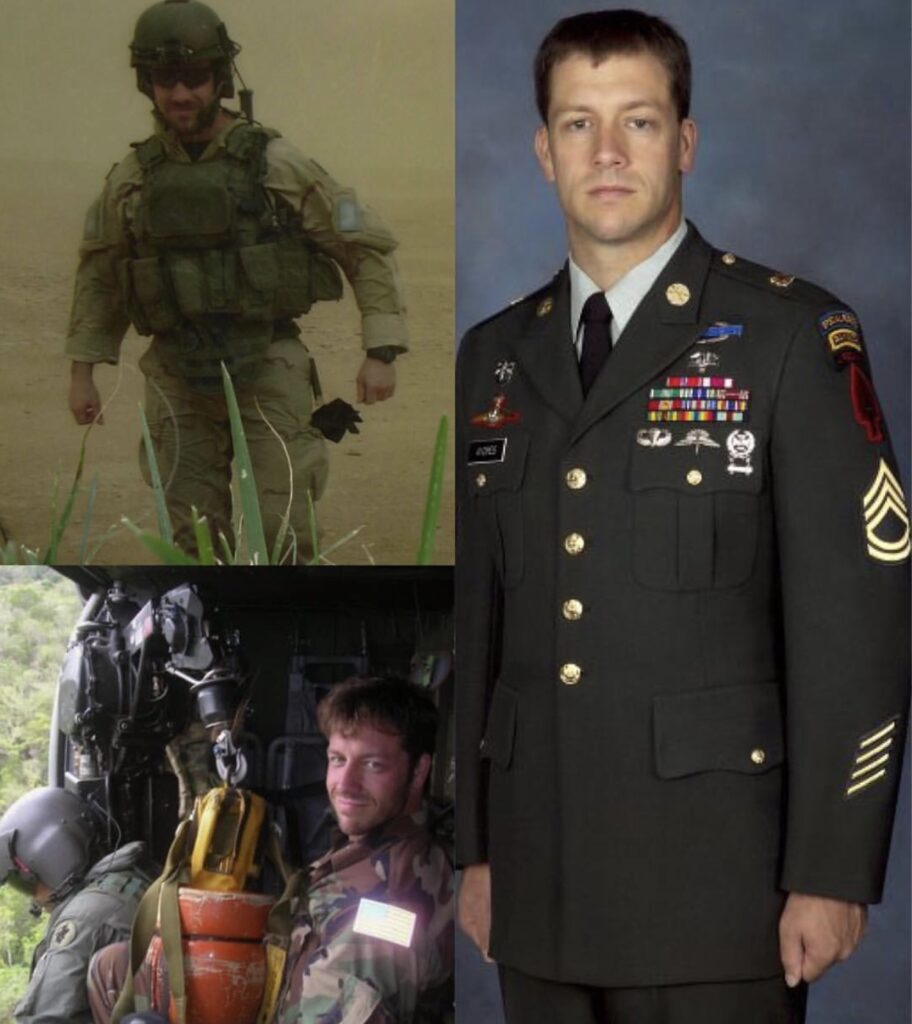 This is a group of pictures of MSG Joe Andres. In his dress uniform, in his combat uniform in Iraq and his camouflage uniform in a helicopter