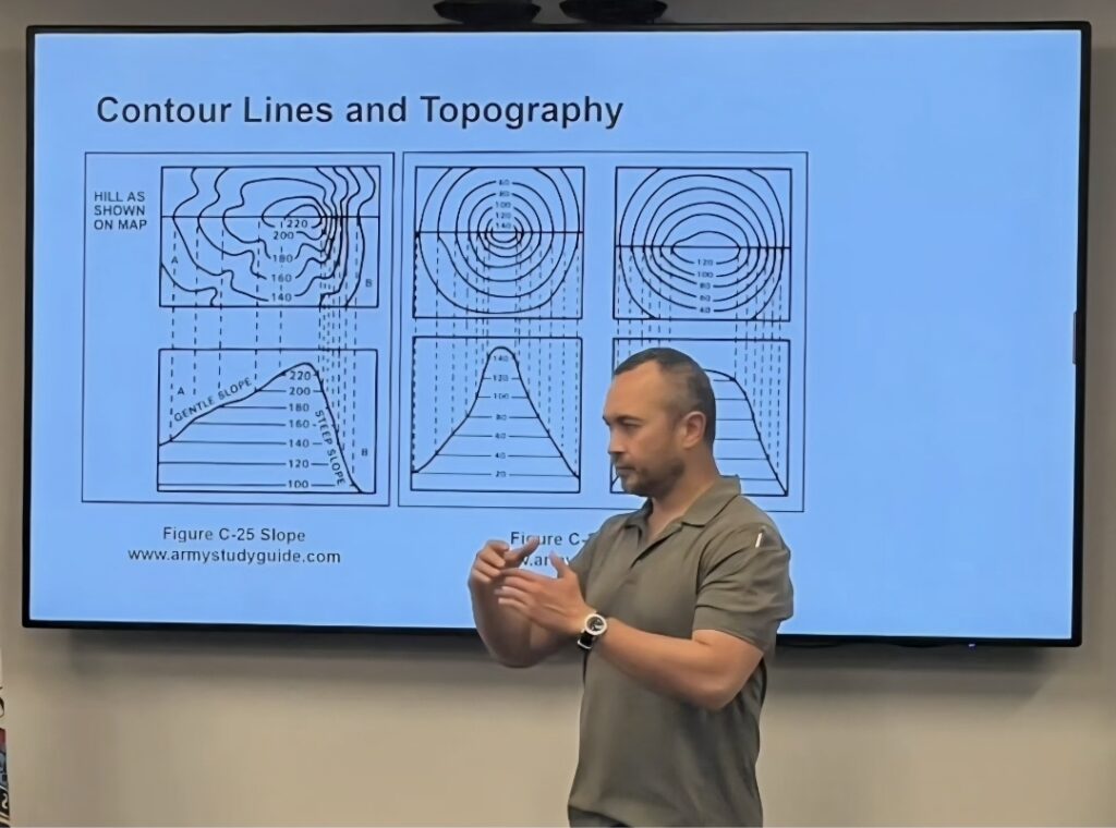 A man teaching in front of a large television screen