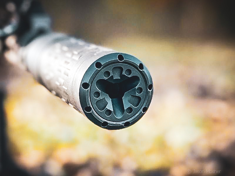 A close up view of the front of the Velos LBP silencer.