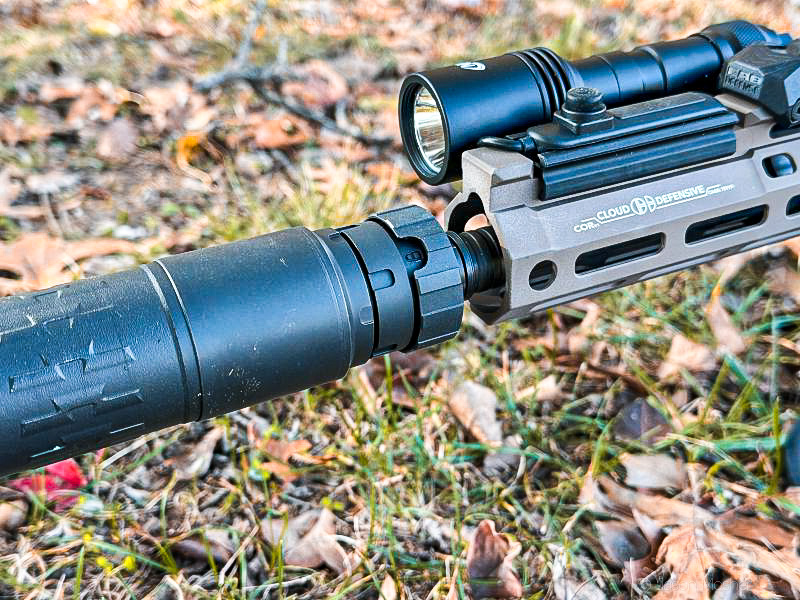 A close up view of the Velos silencer quick lock ring. 