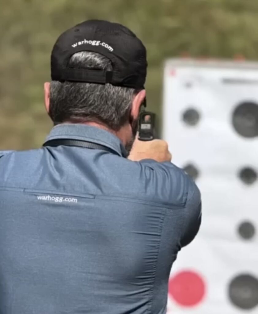 pictured is Rick Hogg of War HOGG Tactical using the War HOGG Tactical training target to improve his 25 meter bull score