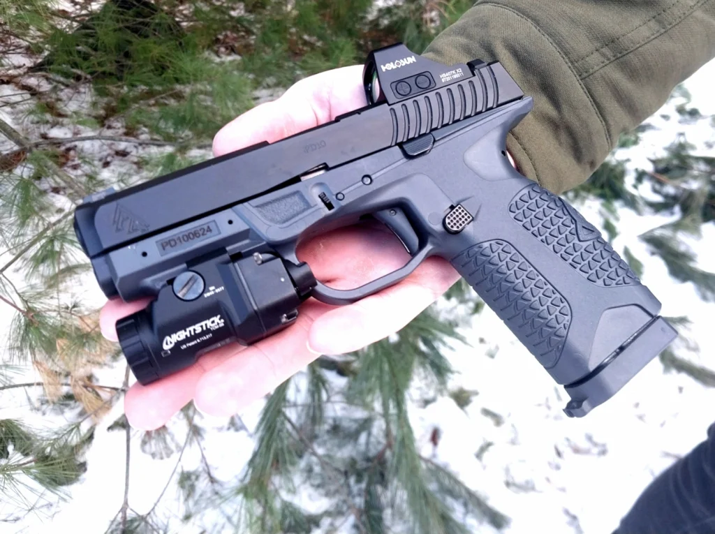 Avidity Arms P10 pistol with an optic and a weapon light
