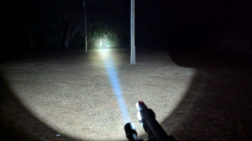 Shotgun-mounted flashlight beam illuminating a field at night.