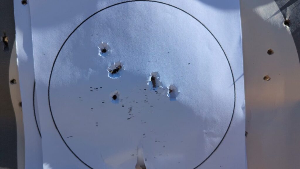 Shotgun pattern on a white paper target with a small circular outline.