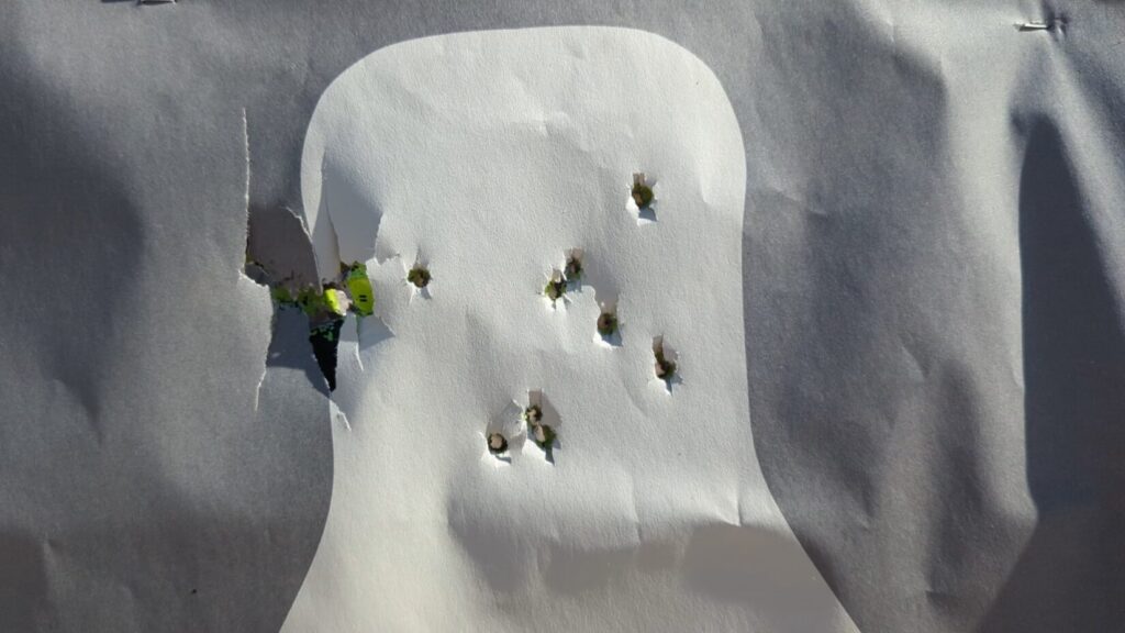 Shotgun pattern on a head/torso silhouette target showing a small cluster of hits in the head area.
