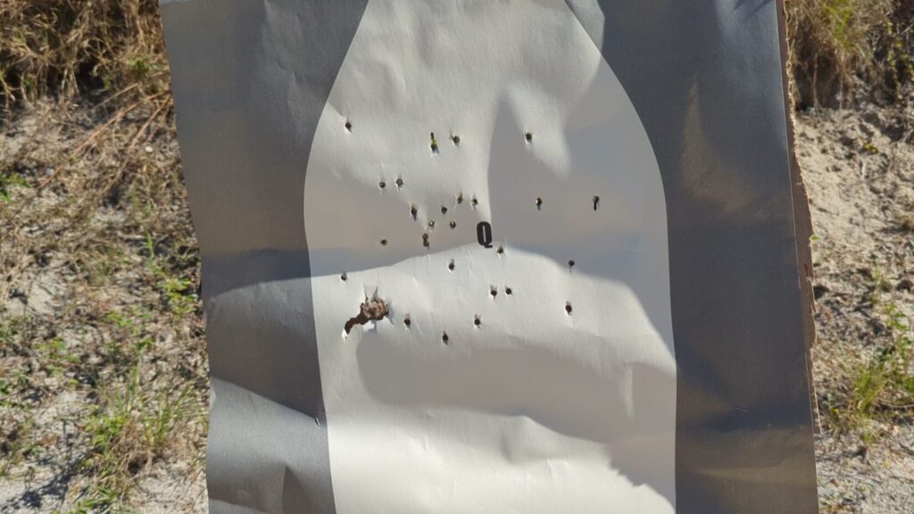 Shotgun pattern on a white silhouette target with many small holes.