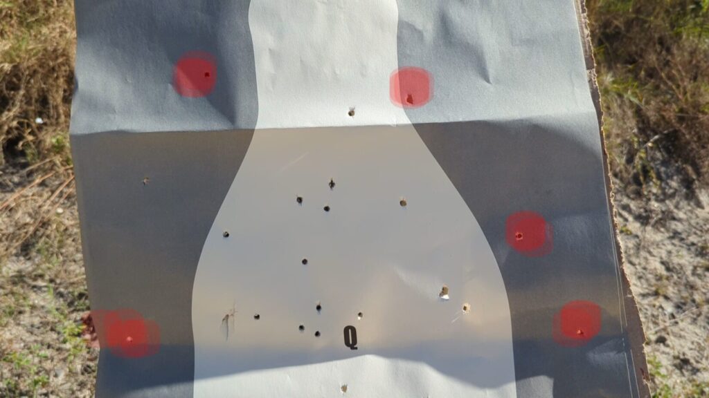 Shotgun pattern on a silhouette target with red circle zones.