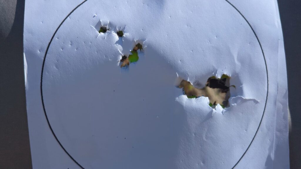 Shotgun pattern with a tight group of hits in the upper left of a circular target.