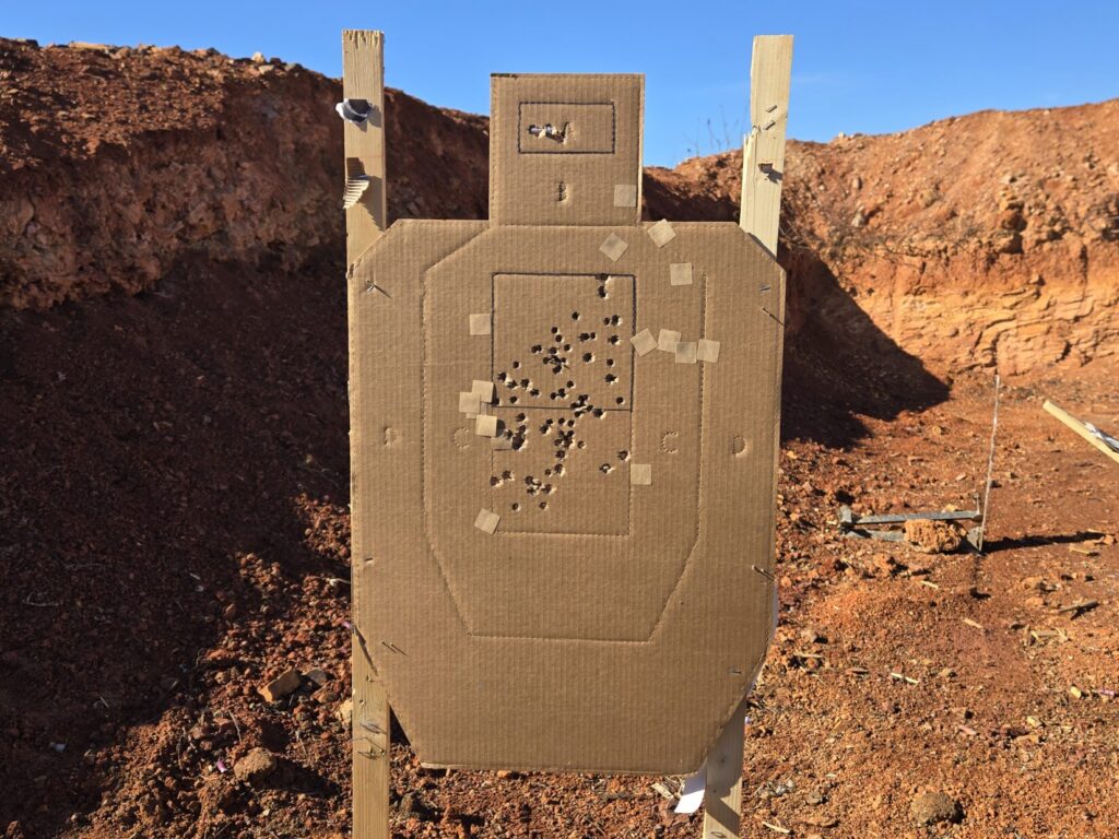A cardboard target with holes in it with a berm in the background