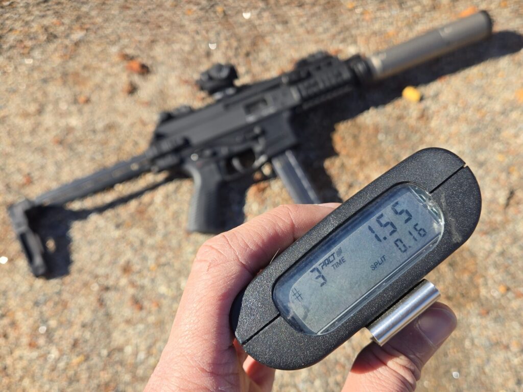 A PCC on the ground with a shot timer in the foreground