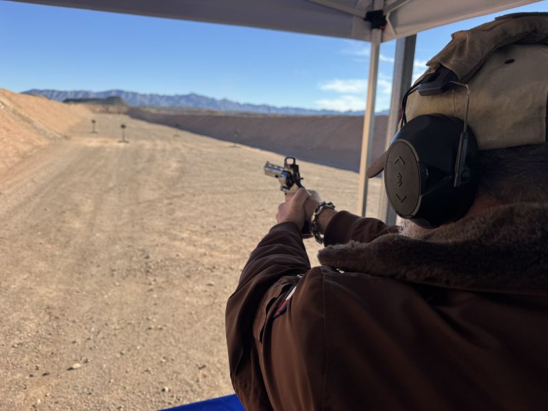 Mike Searson firing the new blued Colt Anaconda 44 Magnum at range day.
