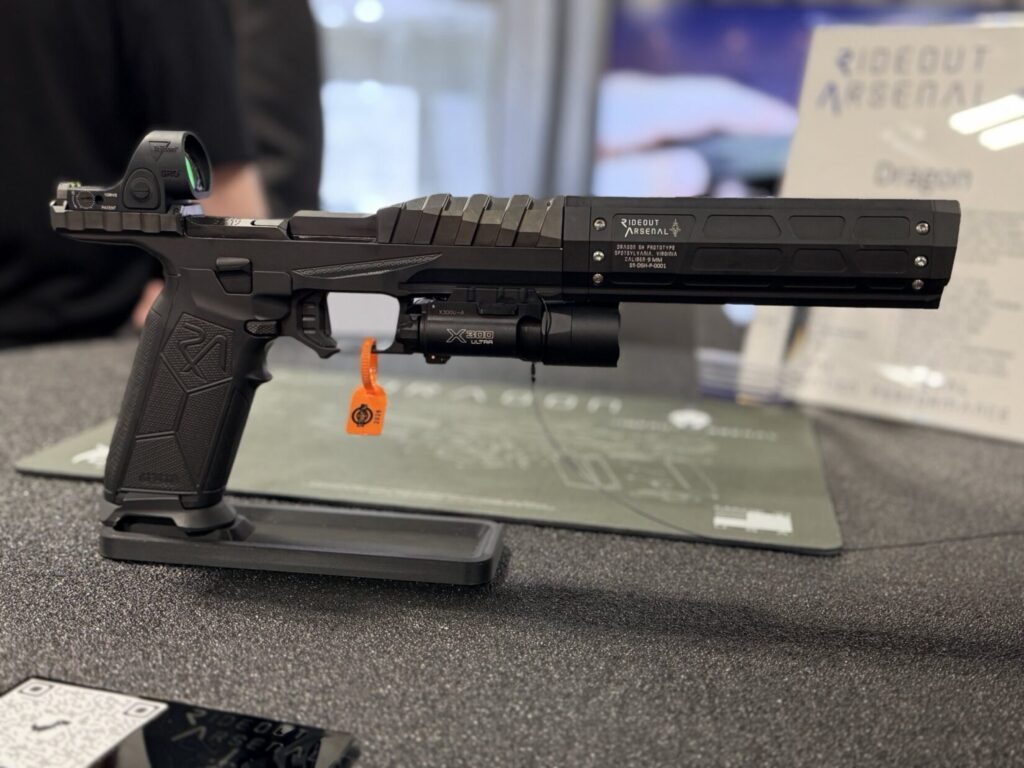 Rideout Arsenal Dragon prototype, highlighting its unique slide geometry and integrated compensator.