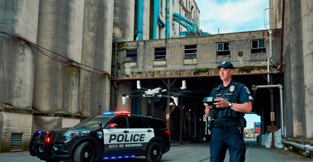 Police officers flying a drone outdoors in urban environment