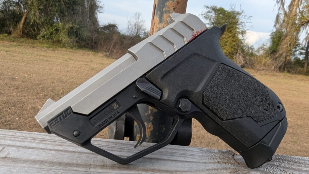 Right-side profile of a Taurus 22TUC with a grey slide and black polymer frame resting on a wooden surface.