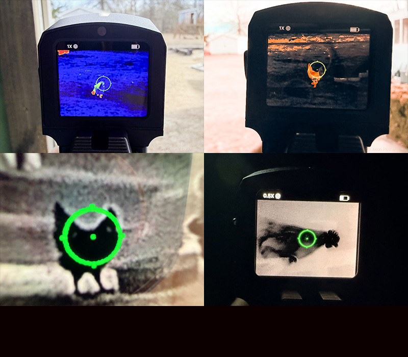 Multiple views of the screen on the FML19 thermal optic showing how a chicken shows up on the screen. 