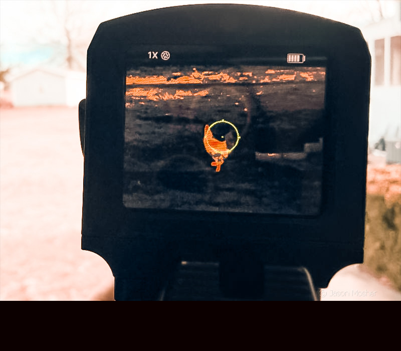 A view of a chicken through a thermal optic. The chicken is red and yellow on the screen. 