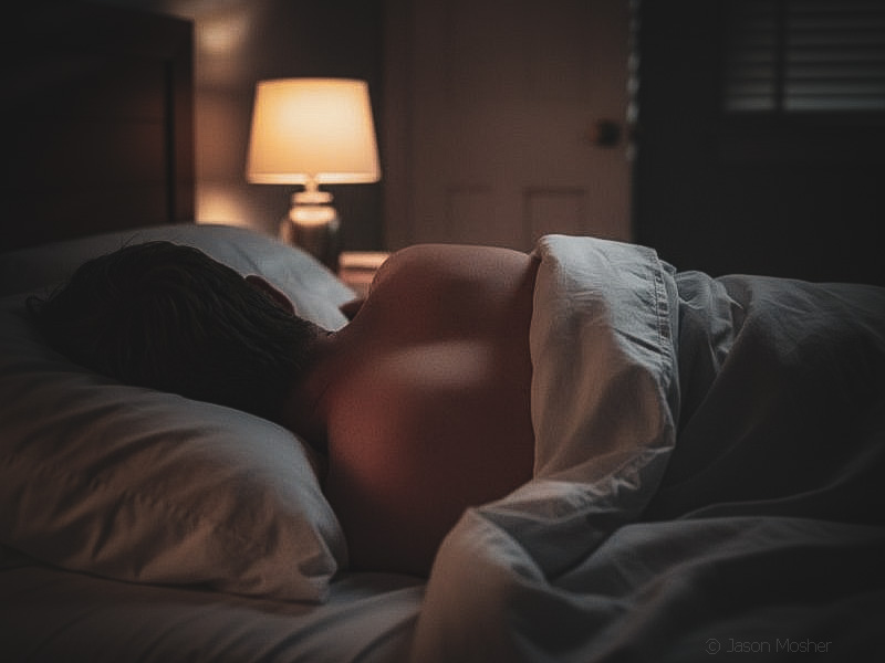 A man in bed with covers up to his shoulders and a lamp on in the background.
