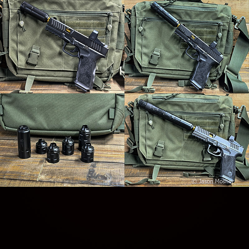 A photo of four smaller photos showing different lengths of silencers on a black handgun. 