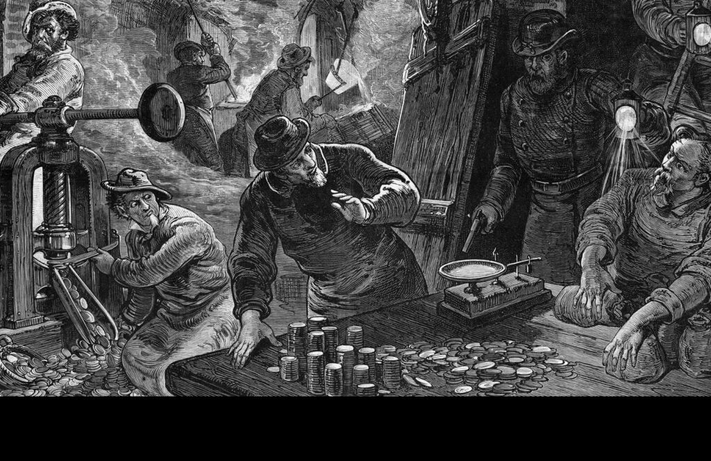 Artist rendition of a historical Secret Service counterfeit coin raid in 1875. (Image: USSS)