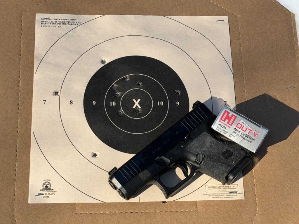 Ken Stretz's 25 Yard Group with Hornady Critical Duty 135 gr. +P, an iron sighted Glock 26 Gen 5 & unaided 51 year old eye balls.